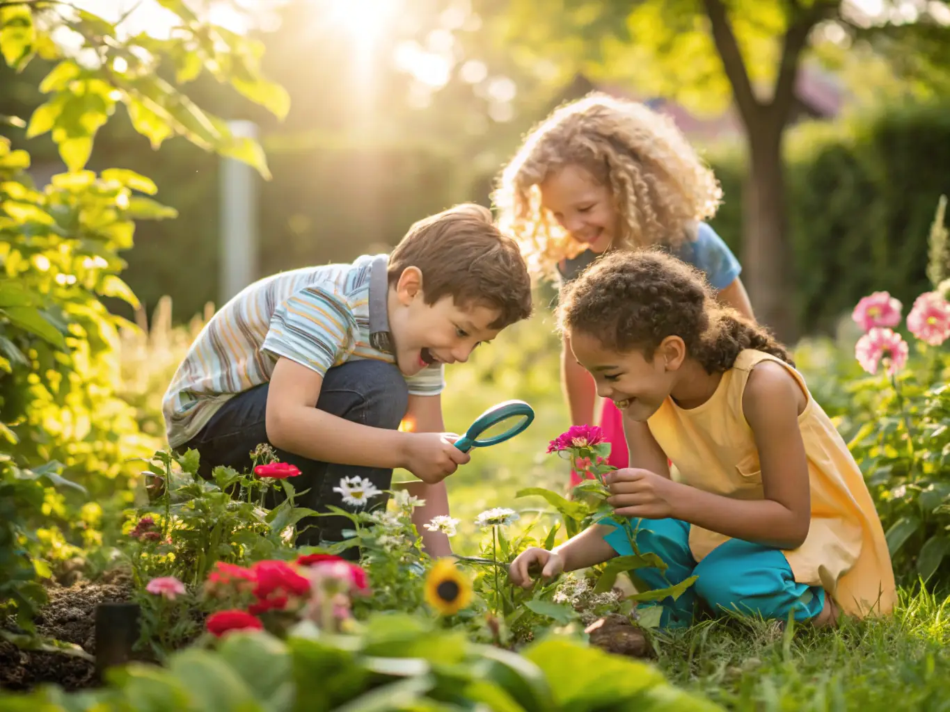 A vibrant photo of children participating in an outdoor environmental workshop in a lush natural setting, learning about local flora and fauna.