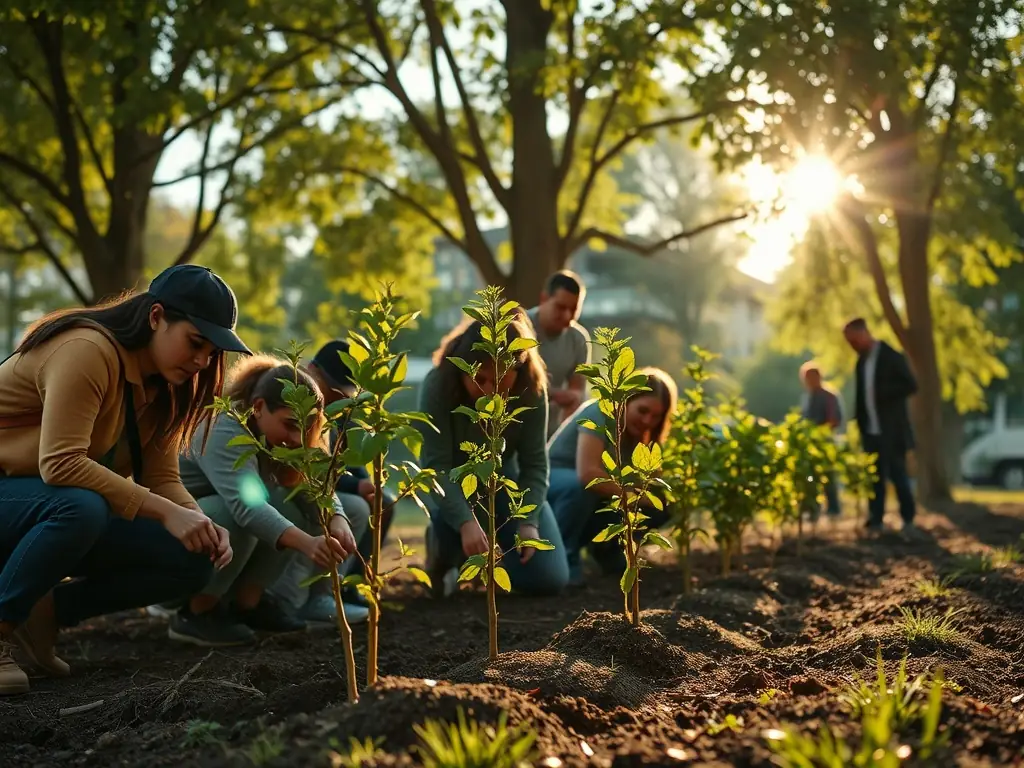 A group of volunteers planting trees in a deforested area, symbolizing CSQNP's reforestation program.